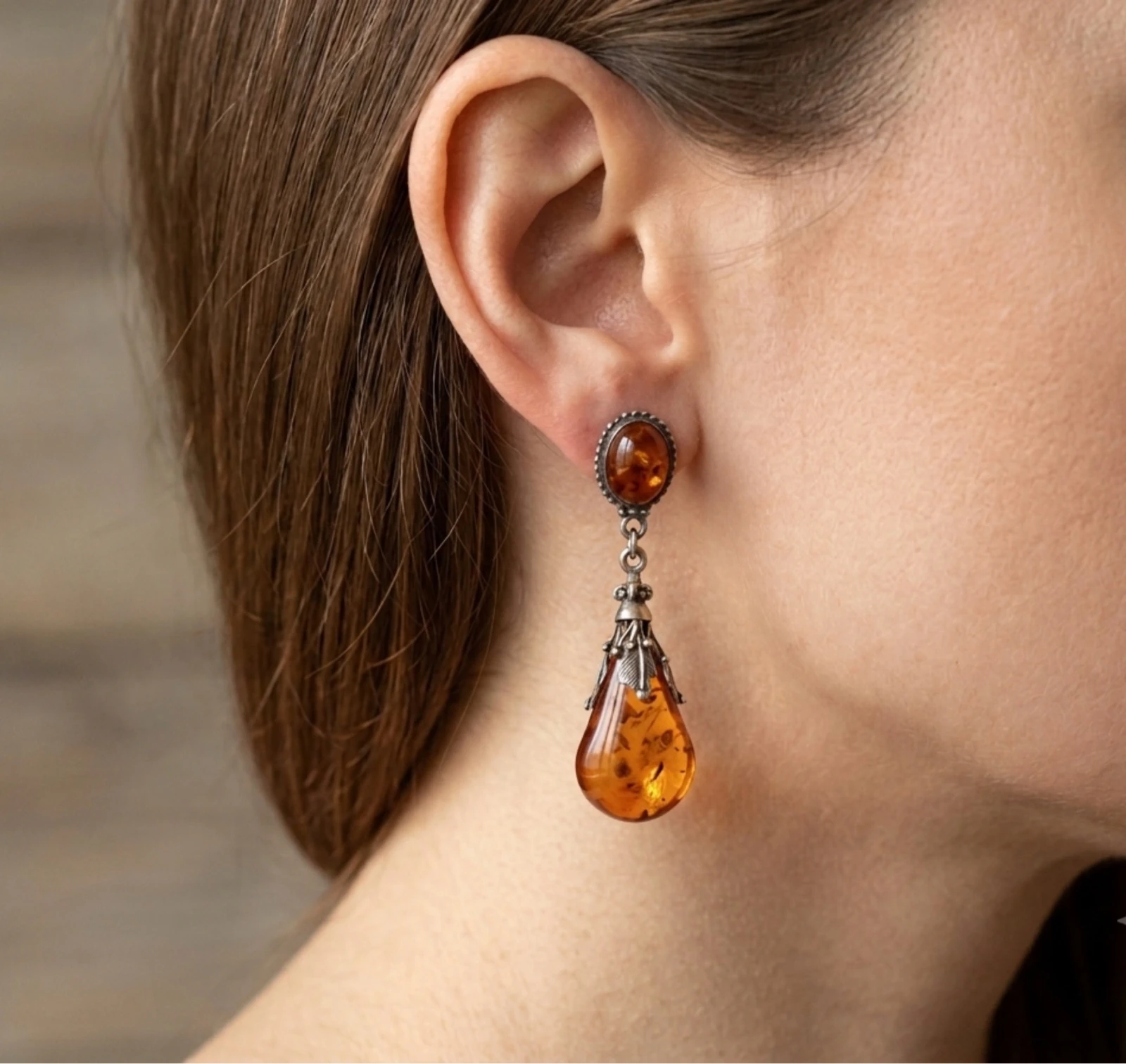 Bouclés d’oreilles en argent 925 et ambre 